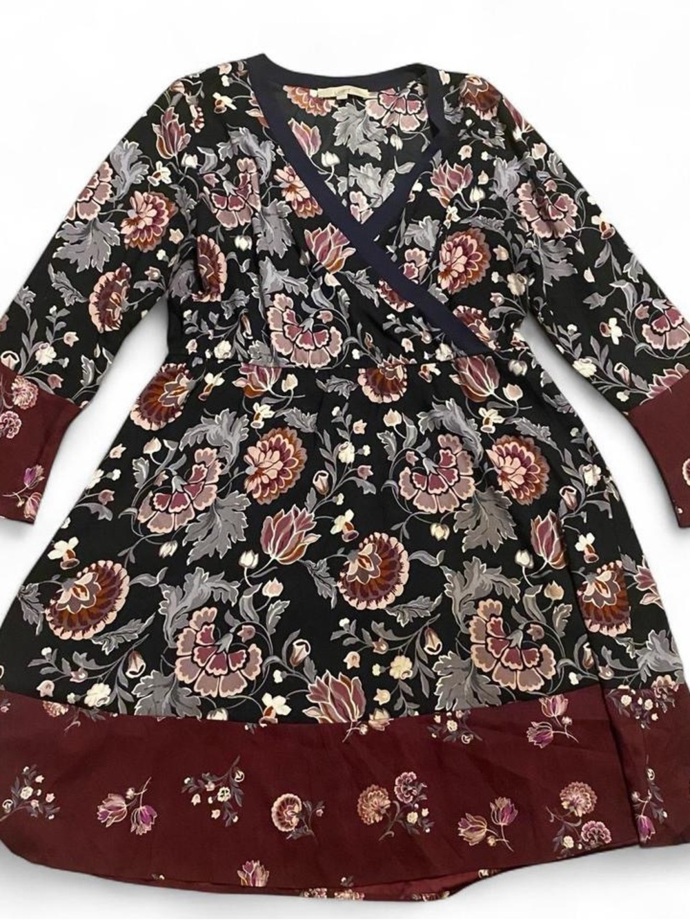 LOFT Black Floral Wrap Dress with Burgundy Trim